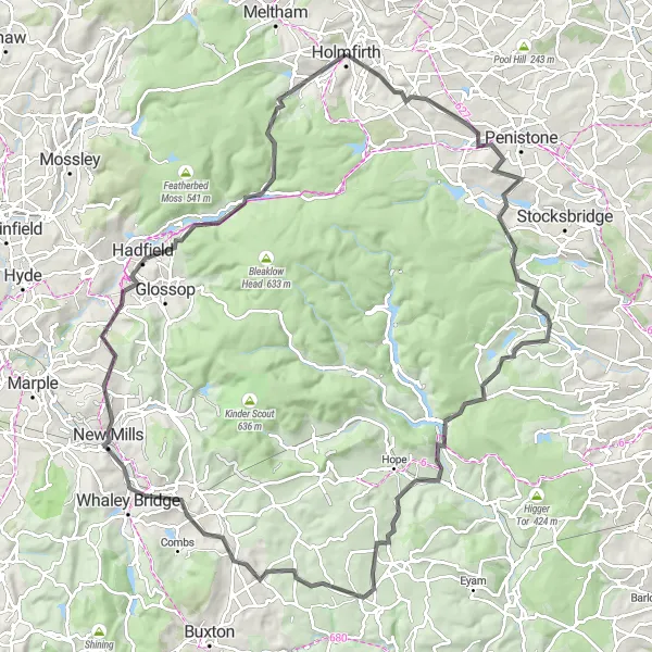 Map miniature of "Peak District Loop" cycling inspiration in West Yorkshire, United Kingdom. Generated by Tarmacs.app cycling route planner