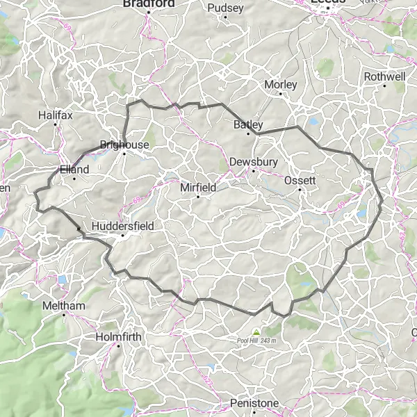 Map miniature of "Holywell Joyride" cycling inspiration in West Yorkshire, United Kingdom. Generated by Tarmacs.app cycling route planner