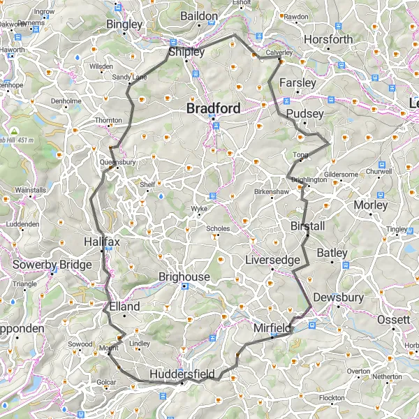 Map miniature of "Discover Halifax" cycling inspiration in West Yorkshire, United Kingdom. Generated by Tarmacs.app cycling route planner