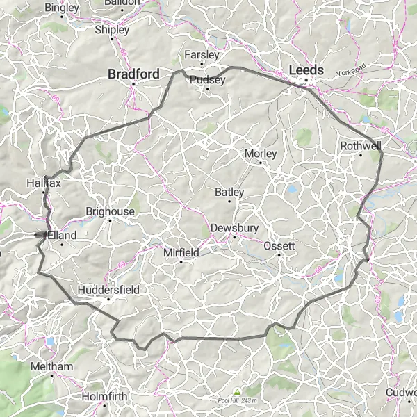 Map miniature of "Yorkshire Road Adventure" cycling inspiration in West Yorkshire, United Kingdom. Generated by Tarmacs.app cycling route planner