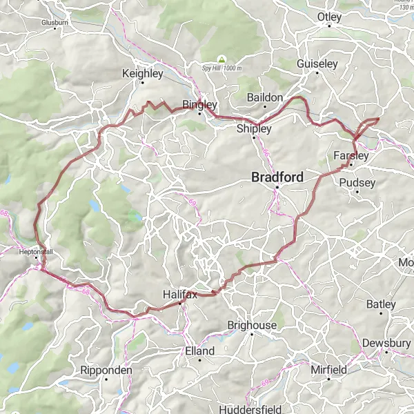 Map miniature of "Horsforth to Apperley Bridge Gravel Ride" cycling inspiration in West Yorkshire, United Kingdom. Generated by Tarmacs.app cycling route planner