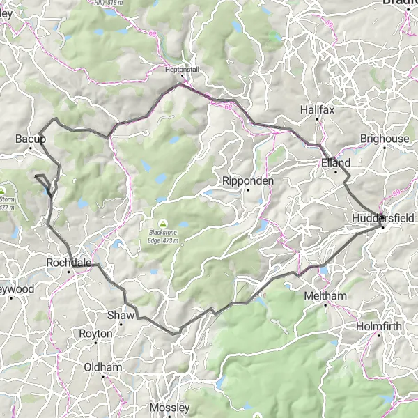 Map miniature of "Hills and Valleys" cycling inspiration in West Yorkshire, United Kingdom. Generated by Tarmacs.app cycling route planner