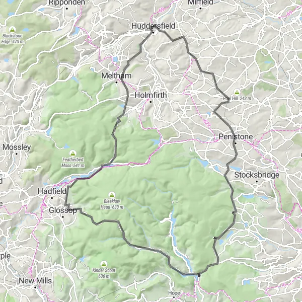 Map miniature of "Peak District Escape" cycling inspiration in West Yorkshire, United Kingdom. Generated by Tarmacs.app cycling route planner