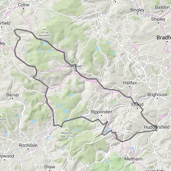 Map miniature of "Glorious Moorland Adventure" cycling inspiration in West Yorkshire, United Kingdom. Generated by Tarmacs.app cycling route planner