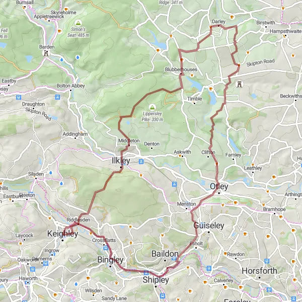 Map miniature of "The Ilkley Climb" cycling inspiration in West Yorkshire, United Kingdom. Generated by Tarmacs.app cycling route planner
