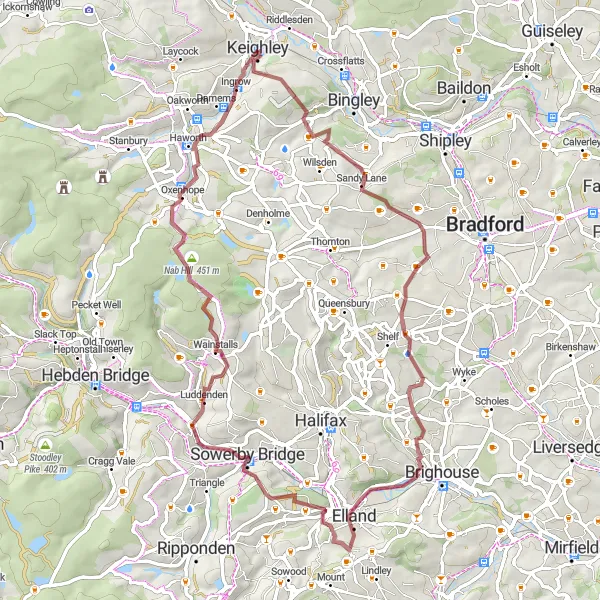 Map miniature of "Gravel Adventure to Sowerby Bridge" cycling inspiration in West Yorkshire, United Kingdom. Generated by Tarmacs.app cycling route planner