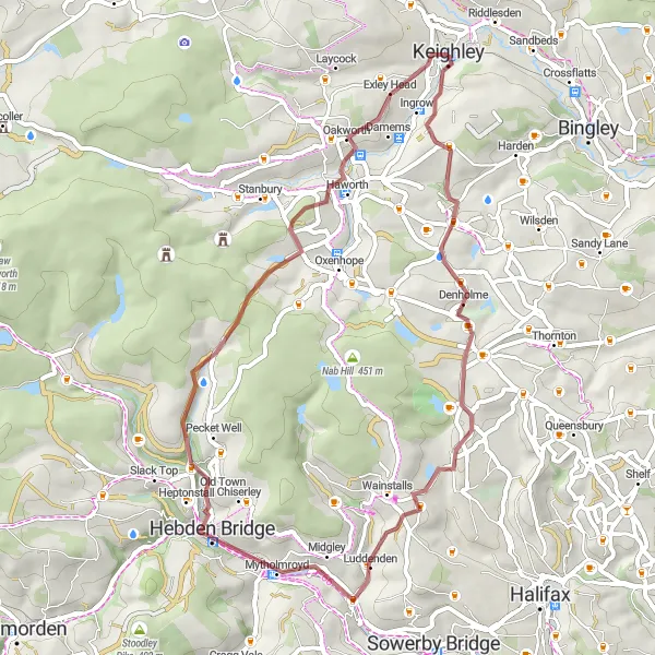 Map miniature of "The Haworth Adventure" cycling inspiration in West Yorkshire, United Kingdom. Generated by Tarmacs.app cycling route planner