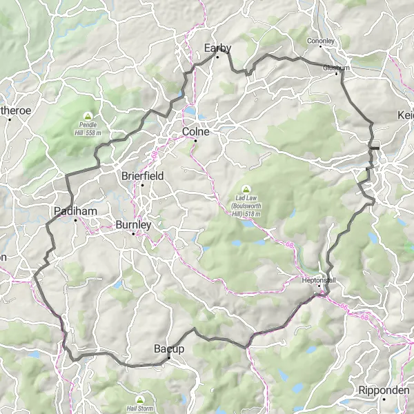 Map miniature of "The Pennine Challenge" cycling inspiration in West Yorkshire, United Kingdom. Generated by Tarmacs.app cycling route planner