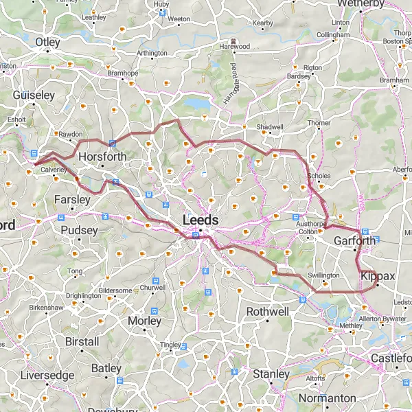 Map miniature of "Discover Leeds Gravel Ride" cycling inspiration in West Yorkshire, United Kingdom. Generated by Tarmacs.app cycling route planner