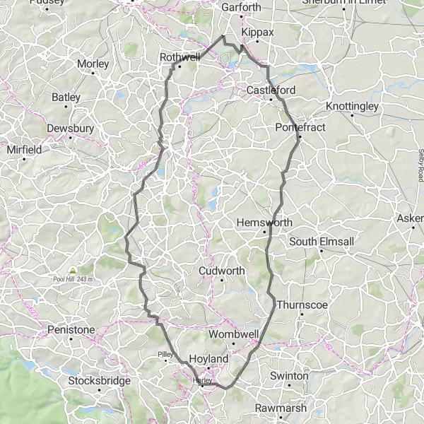 Map miniature of "Castleford and Silkstone Circular" cycling inspiration in West Yorkshire, United Kingdom. Generated by Tarmacs.app cycling route planner