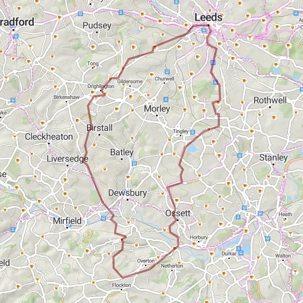 Map miniature of "Ossett Gravel Adventure" cycling inspiration in West Yorkshire, United Kingdom. Generated by Tarmacs.app cycling route planner