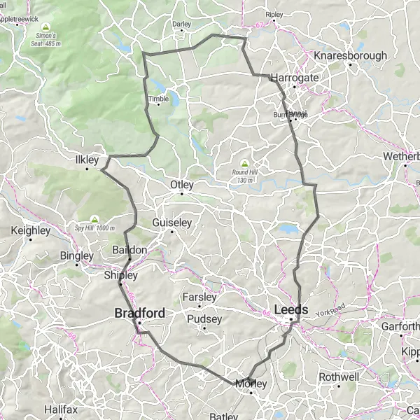 Map miniature of "Yorkshire Road Explorer" cycling inspiration in West Yorkshire, United Kingdom. Generated by Tarmacs.app cycling route planner