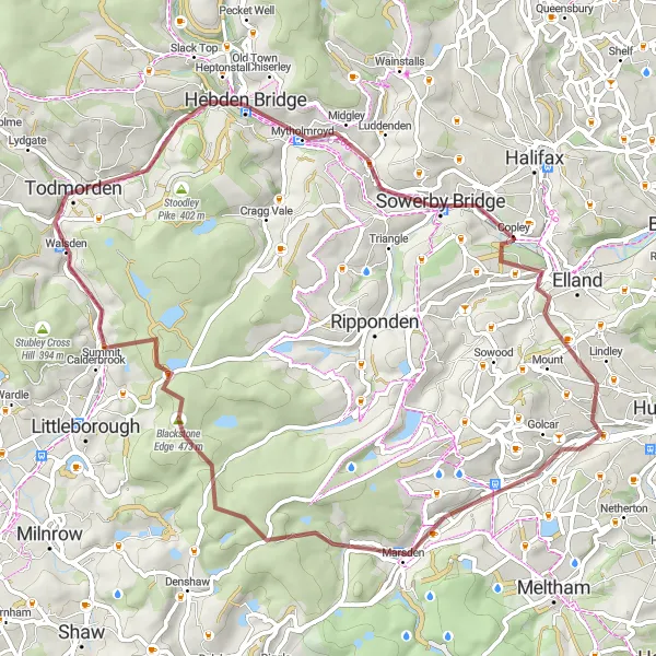 Map miniature of "Todmorden Adventure" cycling inspiration in West Yorkshire, United Kingdom. Generated by Tarmacs.app cycling route planner