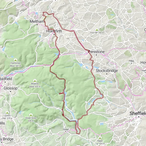 Map miniature of "Peak District Gravel Adventure" cycling inspiration in West Yorkshire, United Kingdom. Generated by Tarmacs.app cycling route planner