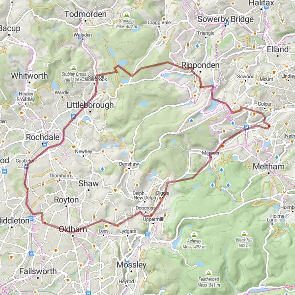 Map miniature of "Marsden and Ripponden Gravel Loop" cycling inspiration in West Yorkshire, United Kingdom. Generated by Tarmacs.app cycling route planner