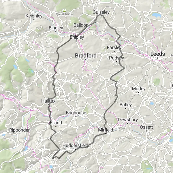 Map miniature of "Halifax Heritage Ride" cycling inspiration in West Yorkshire, United Kingdom. Generated by Tarmacs.app cycling route planner