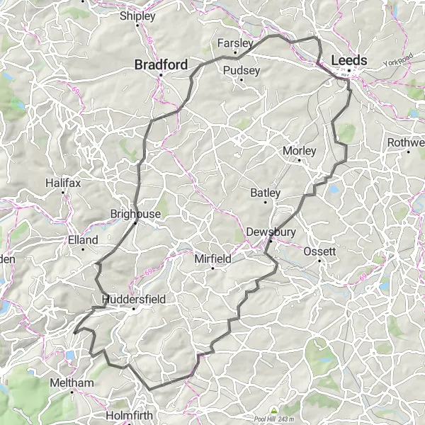 Map miniature of "Linthwaite Circular Road Route" cycling inspiration in West Yorkshire, United Kingdom. Generated by Tarmacs.app cycling route planner