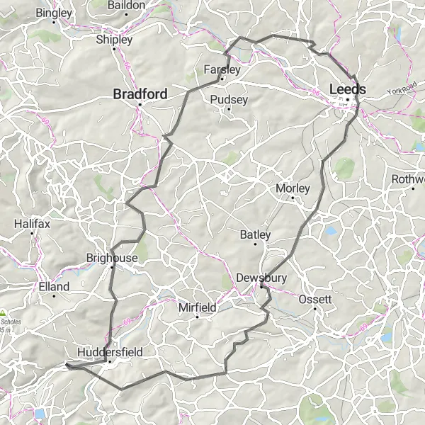 Map miniature of "Huddersfield to Leeds Loop" cycling inspiration in West Yorkshire, United Kingdom. Generated by Tarmacs.app cycling route planner