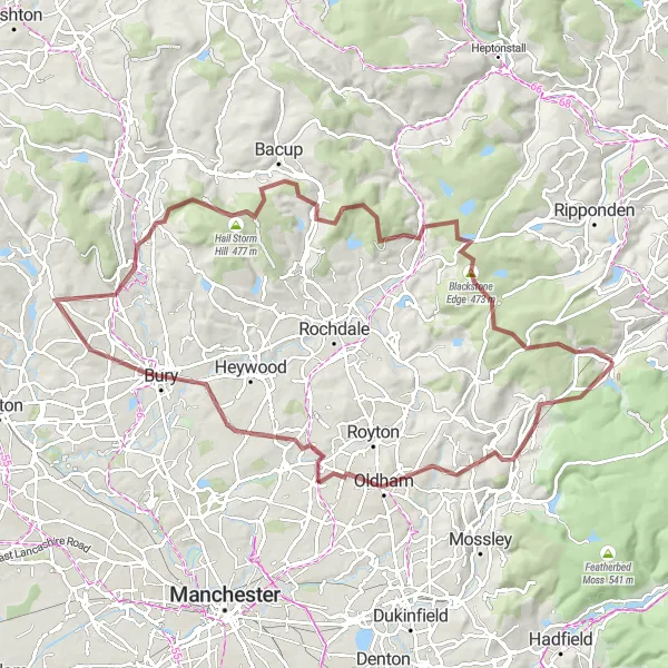 Map miniature of "Greater Manchester Gravel Adventure" cycling inspiration in West Yorkshire, United Kingdom. Generated by Tarmacs.app cycling route planner