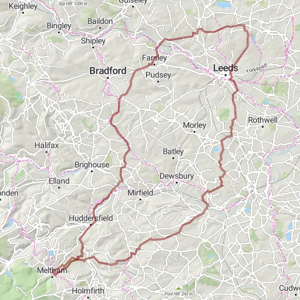 Map miniature of "Meltham to Flockton Green Gravel Adventure" cycling inspiration in West Yorkshire, United Kingdom. Generated by Tarmacs.app cycling route planner