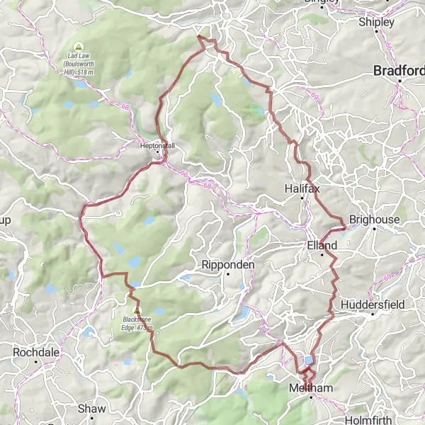 Map miniature of "Meltham to Hebden Bridge Gravel Route" cycling inspiration in West Yorkshire, United Kingdom. Generated by Tarmacs.app cycling route planner