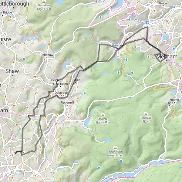 Map miniature of "Meltham to Slaithwaite Loop" cycling inspiration in West Yorkshire, United Kingdom. Generated by Tarmacs.app cycling route planner