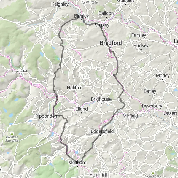 Map miniature of "The Meltham Loop" cycling inspiration in West Yorkshire, United Kingdom. Generated by Tarmacs.app cycling route planner