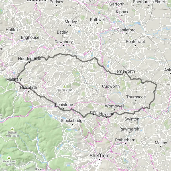 Map miniature of "The South Yorkshire Explorer" cycling inspiration in West Yorkshire, United Kingdom. Generated by Tarmacs.app cycling route planner