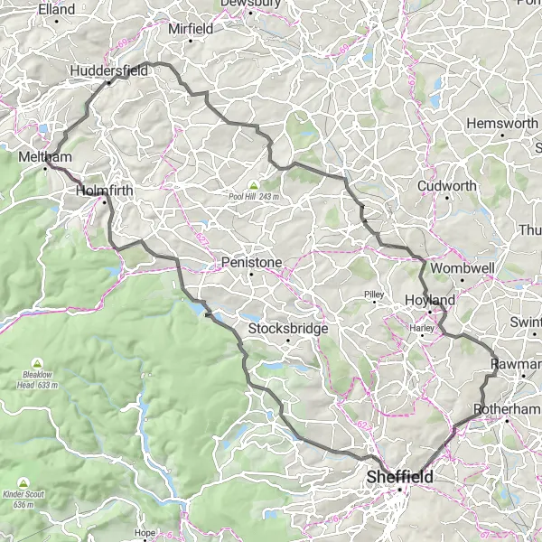 Map miniature of "Meltham to Langsett Road Cycling Adventure" cycling inspiration in West Yorkshire, United Kingdom. Generated by Tarmacs.app cycling route planner
