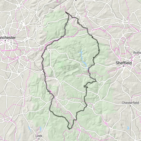 Map miniature of "The Hills of West Yorkshire" cycling inspiration in West Yorkshire, United Kingdom. Generated by Tarmacs.app cycling route planner