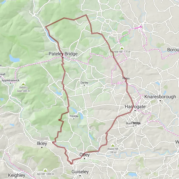 Map miniature of "The Nidderdale Adventure" cycling inspiration in West Yorkshire, United Kingdom. Generated by Tarmacs.app cycling route planner