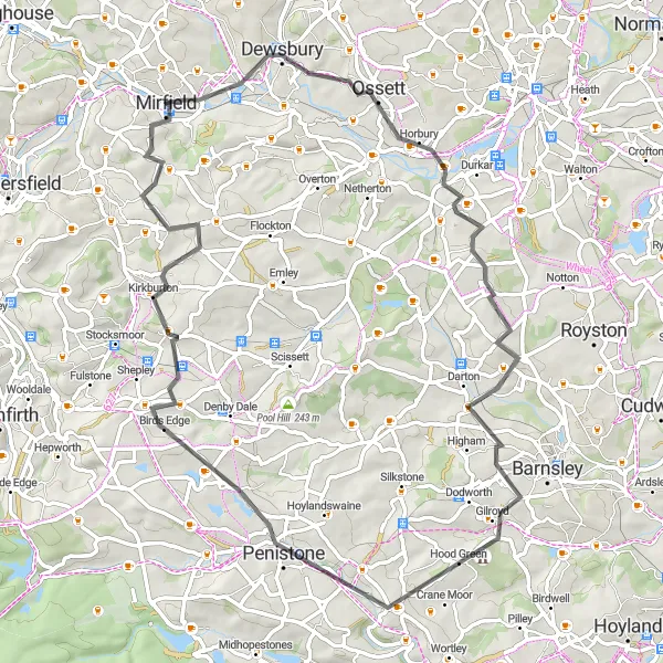 Map miniature of "The Dewsbury Loop" cycling inspiration in West Yorkshire, United Kingdom. Generated by Tarmacs.app cycling route planner