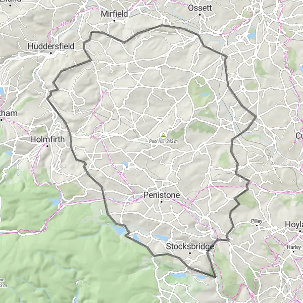 Map miniature of "Woolley Edge and Wharncliffe Side Loop" cycling inspiration in West Yorkshire, United Kingdom. Generated by Tarmacs.app cycling route planner