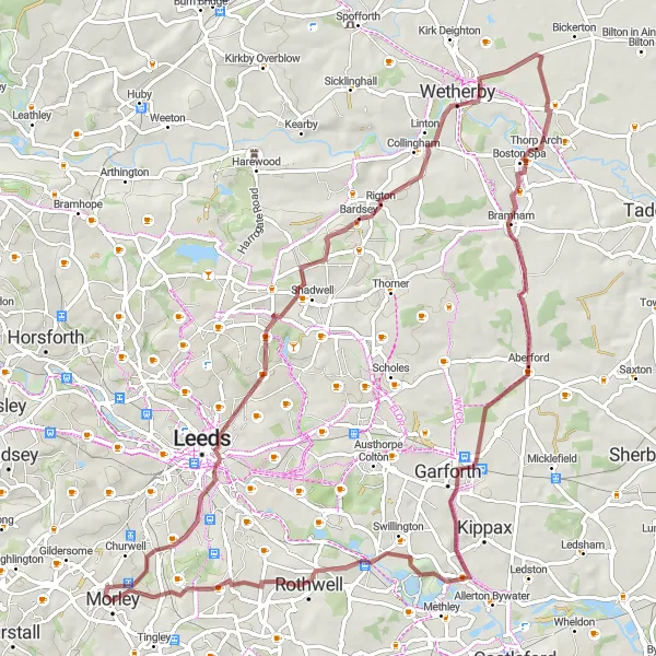 Map miniature of "The Leeds to Rothwell Gravel Adventure" cycling inspiration in West Yorkshire, United Kingdom. Generated by Tarmacs.app cycling route planner