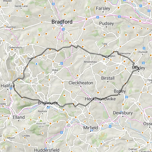 Map miniature of "Stunning Road Cycling in West Yorkshire" cycling inspiration in West Yorkshire, United Kingdom. Generated by Tarmacs.app cycling route planner