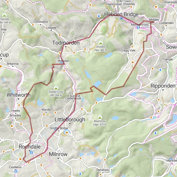 Map miniature of "Scenic Gravel Tour through Calderdale" cycling inspiration in West Yorkshire, United Kingdom. Generated by Tarmacs.app cycling route planner