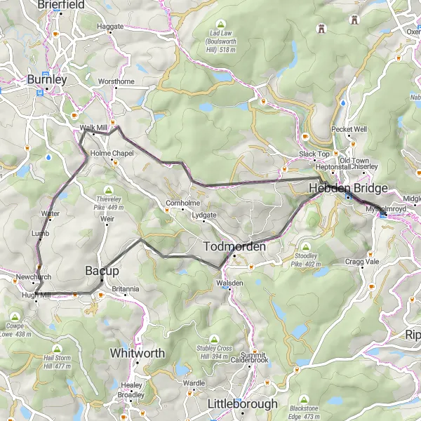 Map miniature of "Descending deep valleys and ascending breathtaking heights" cycling inspiration in West Yorkshire, United Kingdom. Generated by Tarmacs.app cycling route planner