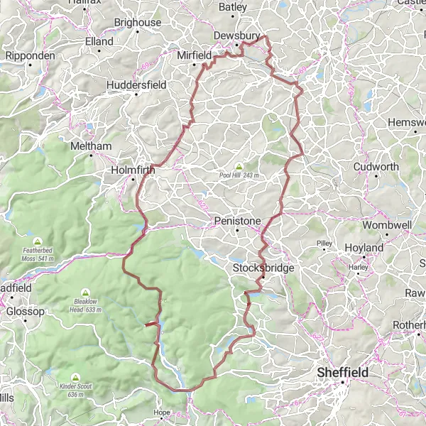 Map miniature of "Gravel Adventure: From Ossett to Dunford Bridge" cycling inspiration in West Yorkshire, United Kingdom. Generated by Tarmacs.app cycling route planner