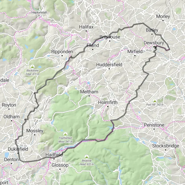 Map miniature of "Road Cycling Adventure in West Yorkshire" cycling inspiration in West Yorkshire, United Kingdom. Generated by Tarmacs.app cycling route planner