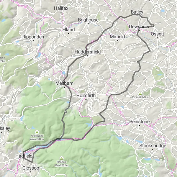 Map miniature of "The Yorkshire Hill Climb" cycling inspiration in West Yorkshire, United Kingdom. Generated by Tarmacs.app cycling route planner