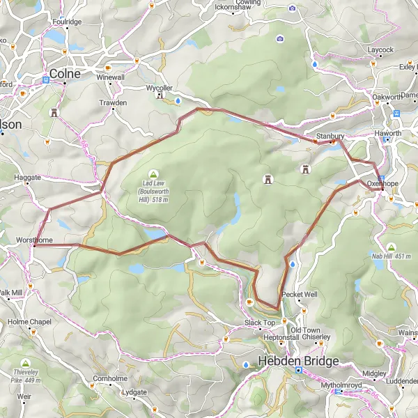 Map miniature of "Saddleworth and the Brontes Loop" cycling inspiration in West Yorkshire, United Kingdom. Generated by Tarmacs.app cycling route planner