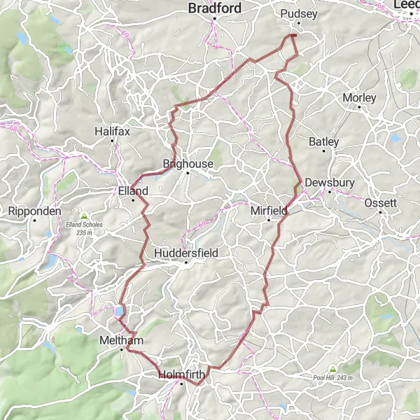 Map miniature of "Yorkshire Hills Gravel Loop" cycling inspiration in West Yorkshire, United Kingdom. Generated by Tarmacs.app cycling route planner