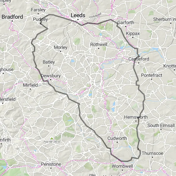 Map miniature of "The West Yorkshire Loop" cycling inspiration in West Yorkshire, United Kingdom. Generated by Tarmacs.app cycling route planner