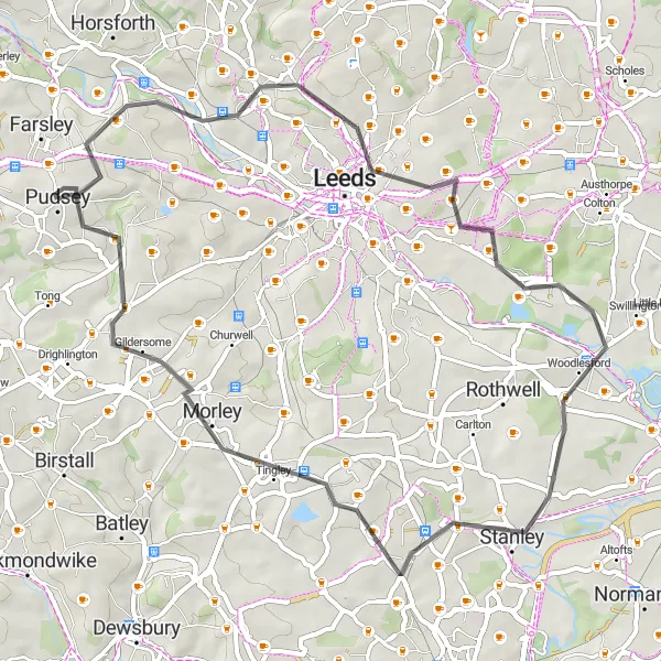 Map miniature of "Leeds Loop" cycling inspiration in West Yorkshire, United Kingdom. Generated by Tarmacs.app cycling route planner