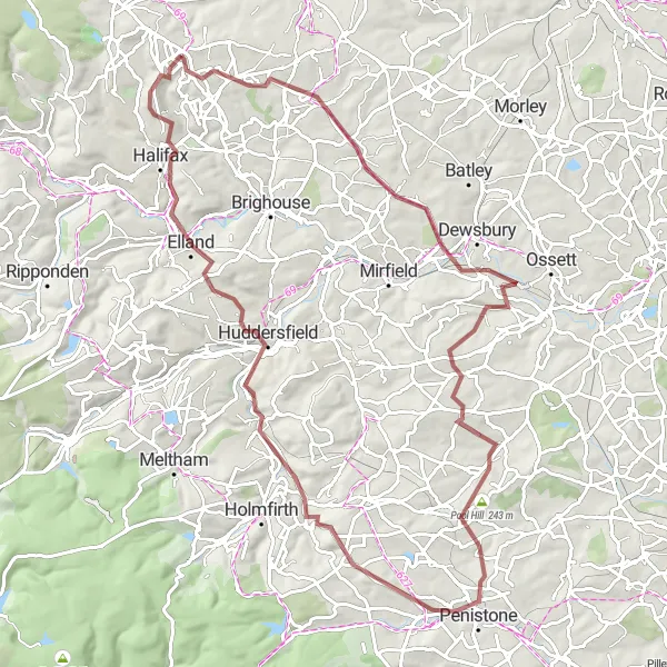 Map miniature of "The Gravel Explorer" cycling inspiration in West Yorkshire, United Kingdom. Generated by Tarmacs.app cycling route planner