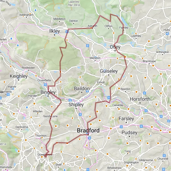 Map miniature of "The Gravel Explorer" cycling inspiration in West Yorkshire, United Kingdom. Generated by Tarmacs.app cycling route planner