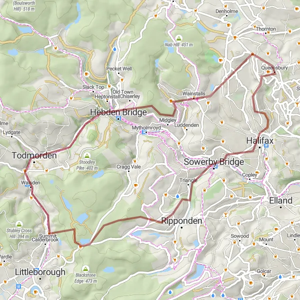 Map miniature of "The Gravel Adventure" cycling inspiration in West Yorkshire, United Kingdom. Generated by Tarmacs.app cycling route planner