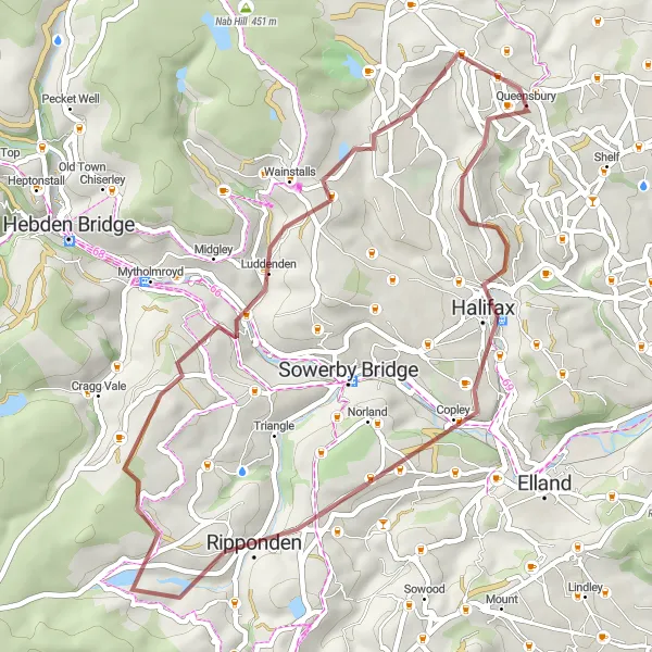 Map miniature of "Boothtown to Bradshaw Gravel Route" cycling inspiration in West Yorkshire, United Kingdom. Generated by Tarmacs.app cycling route planner