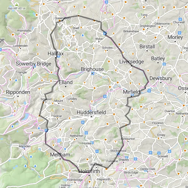 Map miniature of "Cleckheaton to Meltham Explorer" cycling inspiration in West Yorkshire, United Kingdom. Generated by Tarmacs.app cycling route planner