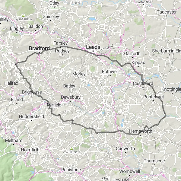 Map miniature of "The Yorkshire Round" cycling inspiration in West Yorkshire, United Kingdom. Generated by Tarmacs.app cycling route planner